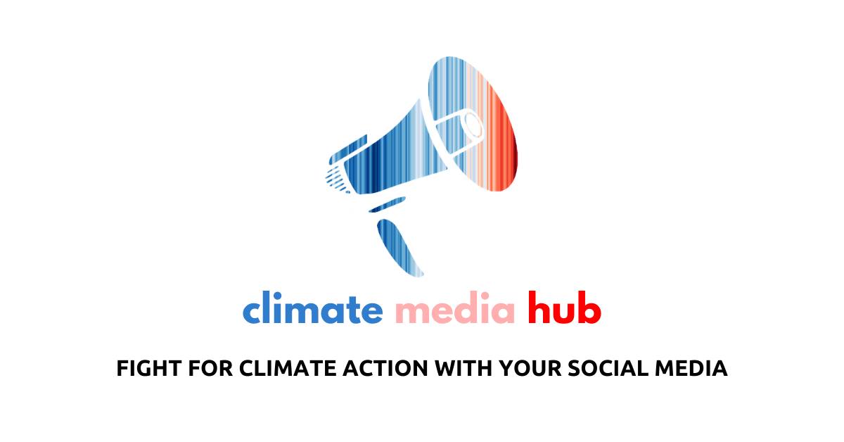 logo of a megaphone overlaid with climate warming stripes representing Earth’s increasing average temperature
